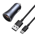 Automobilinis įkroviklis BASEUS 40W 12-24V USB + USB-C QC4.0 SCP FCP AFC su USB-C 1m laidu, pilkas