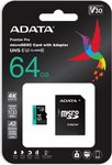 Micro SD ADATA  Premier Pro UHS-I U3 V30S  64 GB  MicroSDXC  Flash memory class 10  Adapter