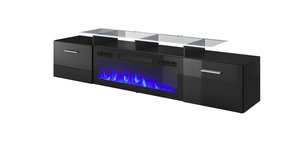 RTV spintelė ROVA su elektriniu židiniu 190x37x48 cm juoda/juoda blizgi