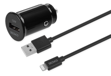 Auto įkroviklis DELTACO 2.4 A, 12 W  su USB-C - iPhone Lightning 1m kabeliu, juodas / USB-CAR130