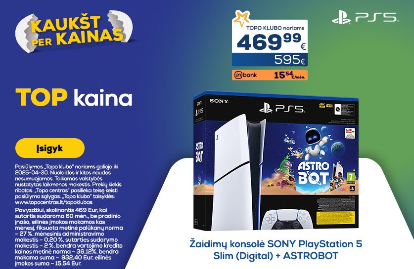 Žaidimų konsolė SONY PlayStation 5 Slim (Digital) + ASTROBOT