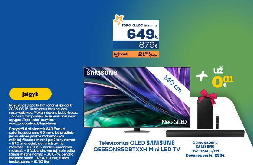 Televizorius QLED SAMSUNG QE55QN85DBTXXH Mini LED TV