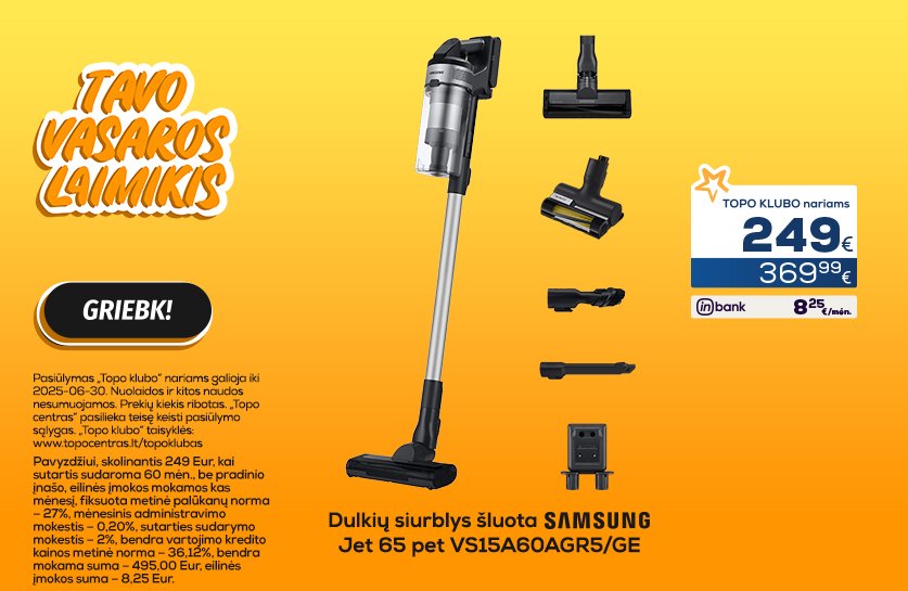 Dulkių siurblys šluota SAMSUNG Jet 65 pet VS15A60AGR5/GE