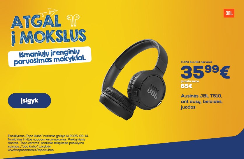 Ausinės JBL T510, ant ausų, belaidės, juodos