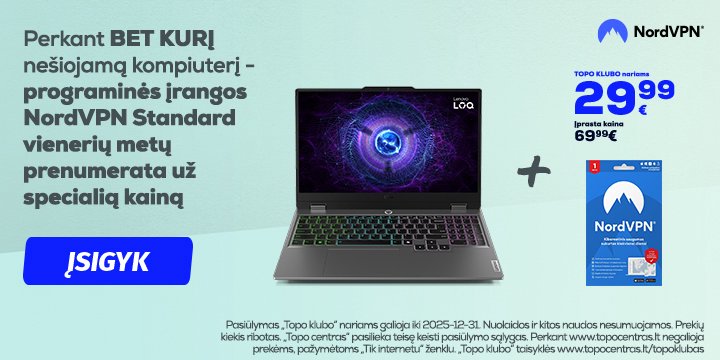 Pirk nešiojamą kompiuterį ir NordVPN Standard gauk už 29,99 €