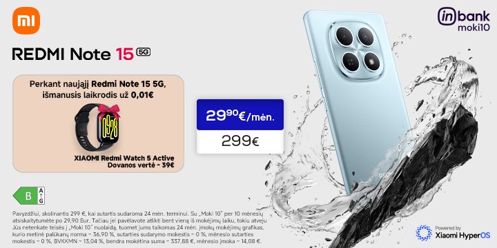 Pirk Xiaomi Redmi Note 15 serijos telefoną ir gauk dovanų!