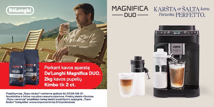 Perkant Kavos aparatą De'Longhi Magnifica DUO, 2kg kavos pupelių Kimbo tik 0,02eur