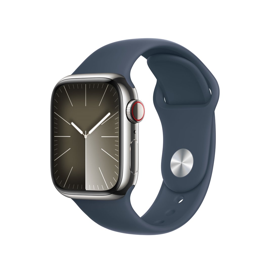 Išmanusis laikrodis APPLE Watch 9 GPS+Cell 41mm Silver Stainl. Steel Case/Storm Blue Sport Band-S/M