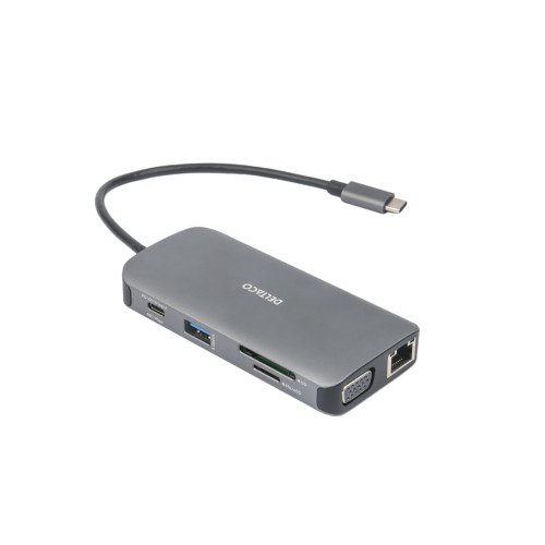 Adapteris DELTACO USB-C docking station 3x USB-A, SD/microSD, RJ45, HDMI, sidabrinis /  USBC-HDMI25