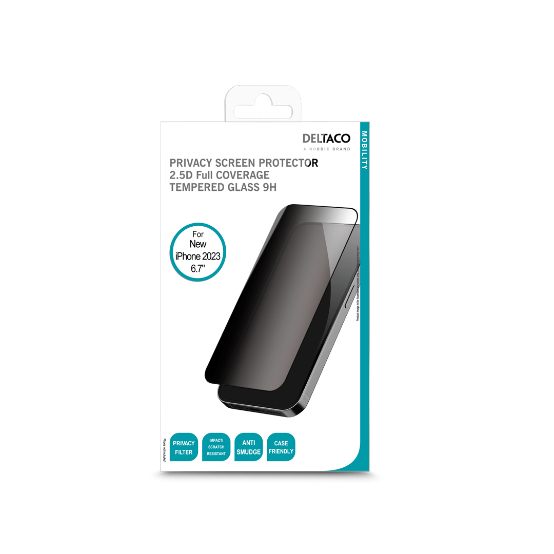 Ekrano stikliukas DELTACO iPhone 15 Plus, 2,5D, 9H, privatumo filtras / 1902455