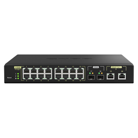 Komutatorius QNAP  16 ports 2.5GbE RJ45 with PoE 802.3at (30W), 2 ports 10GbE SFP+, 2 ports 10GbE R