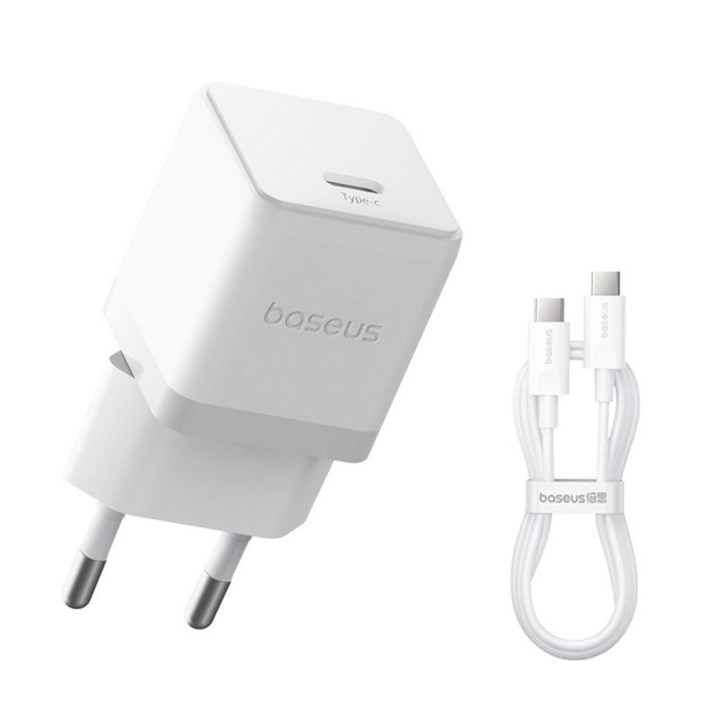 Sieninis įkroviklis BASEUS Palm 20W USB-C QC3.0 PD3.0 su USB-C kabeliu 1m, baltas