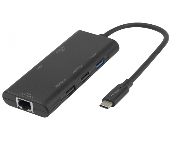 Adapteris DELTACO USB-C – 1x HDMI, 1x USB-A 5 Gbit/s. 2x USB-A 480 Mbps, RJ45 / USBC-HDMI31
