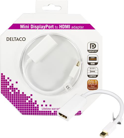 Adapteris DELTACO DisplayPort - HDMI, 0.2m, 4.96 Gb/, Full HD-1920x1080 i 60Hz, baltas / DP-HDMI14-K