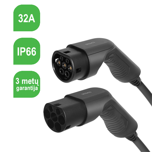 Elektromobilio įkrovimo kabelis DELTACO Type 2 - Type 2, 3 fazių, 32A, 22KW, 5m / EV-3205
