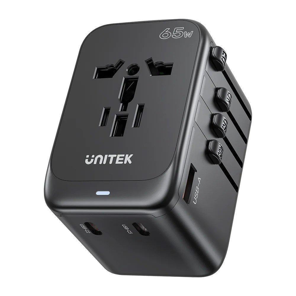 Maitinimo įkroviklis - Unitek 65W Universal Travel Adapter (P1122ABK01)  1xUSB-A 3xUSB-C 1xAC