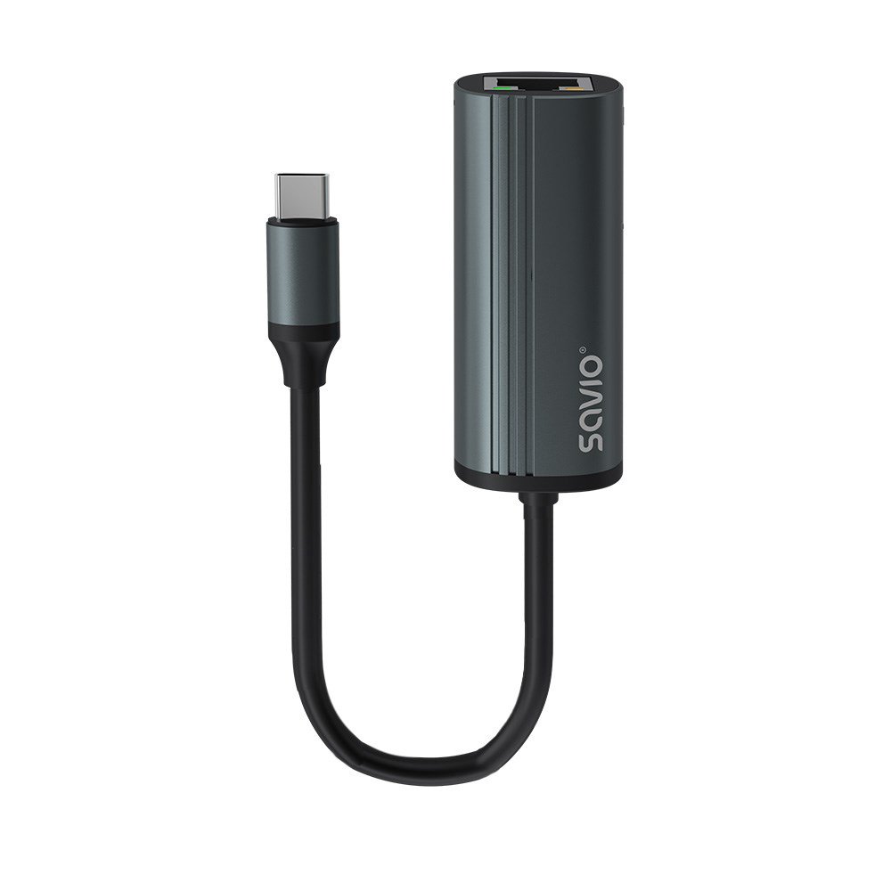 SAVIO adapteris USB-C 3.1 Gen.1 (M) - RJ-45 Gigabit Ethernet (F), 1000 Mbps, AK-56, pilkas