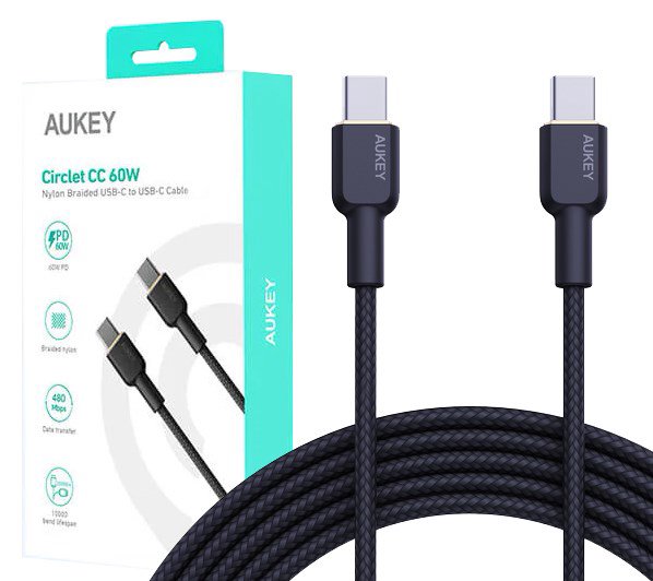 Kabelis AUKEY CB-NCC2 USB-C Type-C PD 60W 3A 1.8m Nylon,juoda