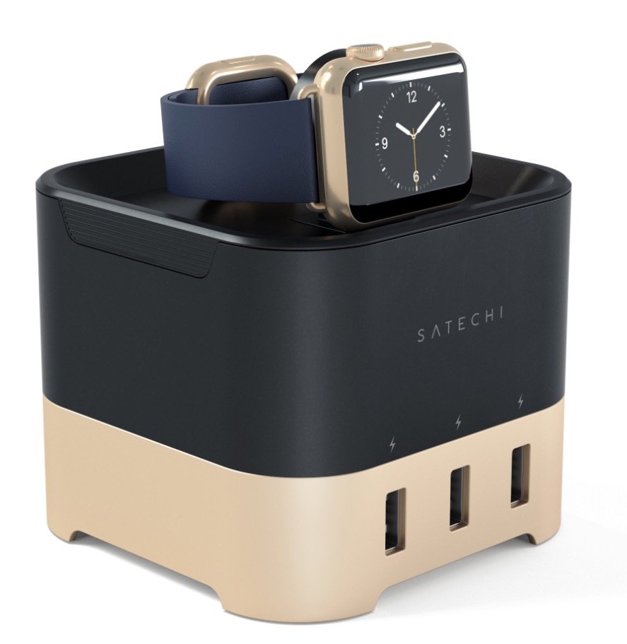 Įkroviklis SATECHI Stand, auksinis, Apple Watch 1 & 2, Fitbit Blaze ir išmaniesiems telefonams