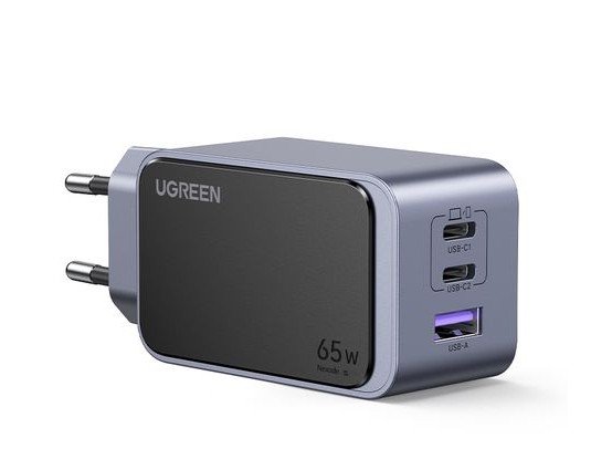 Sieninis įkroviklis UGREEN Nexode S GaN 65W USB-A + 2xUSB-C QC4.0+ PD3.0, pilkas