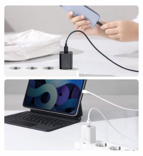 Sieninis įkroviklis BASEUS USB-C 20W su kabeliu USB-C - IP Lightning, baltas