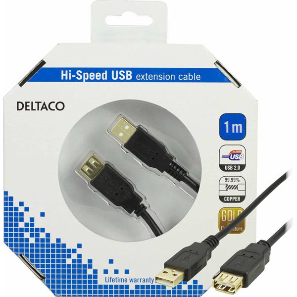 Kabelis DELTACO USB 2.0 ilgintuvas, 1.0m, juodas / USB2-15S-K