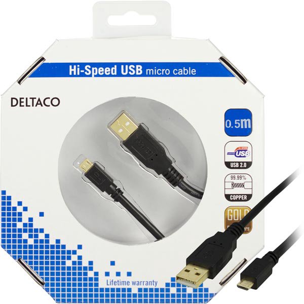 Kabelis DELTACO USB 2.0 "A-micro B", 0.5m, juodas / USB-300S-K