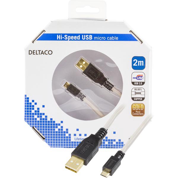Kabelis DELTACO USB 2.0 "A-micro B", 2.0m, baltas-juodas / USB-302-K