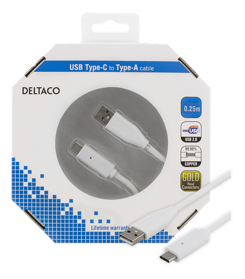Mob. telefono kabelis DELTACO USB 2.0 "C-A", 0.25m, baltas / USBC-1007-K