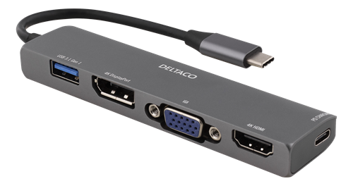 Šakotuvas DELTACO USB-C PD 100W, DP/HDMI UltraHD 30Hz, USB-A 3.1 Gen, 01m., pilkas / USBC-1291