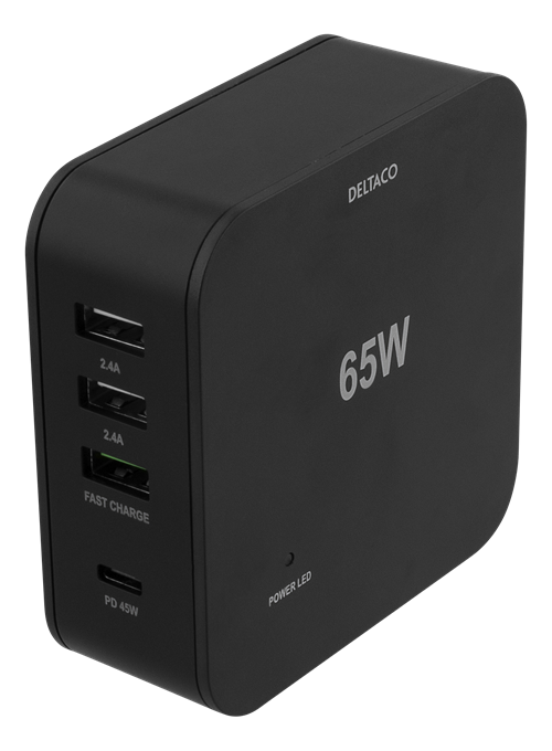 Įkroviklis DELTACO USB-C, PD 45W, greitas įkrovimas 18W, USB-A, juoda / USBC-AC118