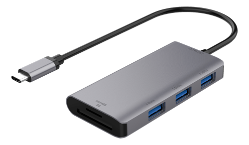 Adapteris DELTACO 3x USB-A, SD/microSD kortelės lizdai, sidabrinis / pilkas / USBC-HUB200